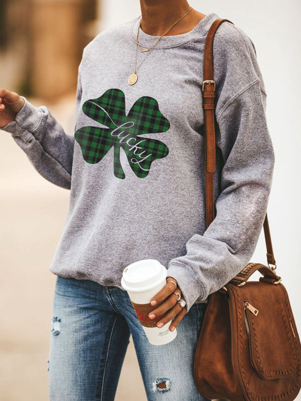 Women's New Lucky Clover Printed Round Neck Sweatshirt