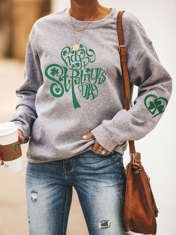 Women's New Lucky Clover Printed Round Neck Sweatshirt