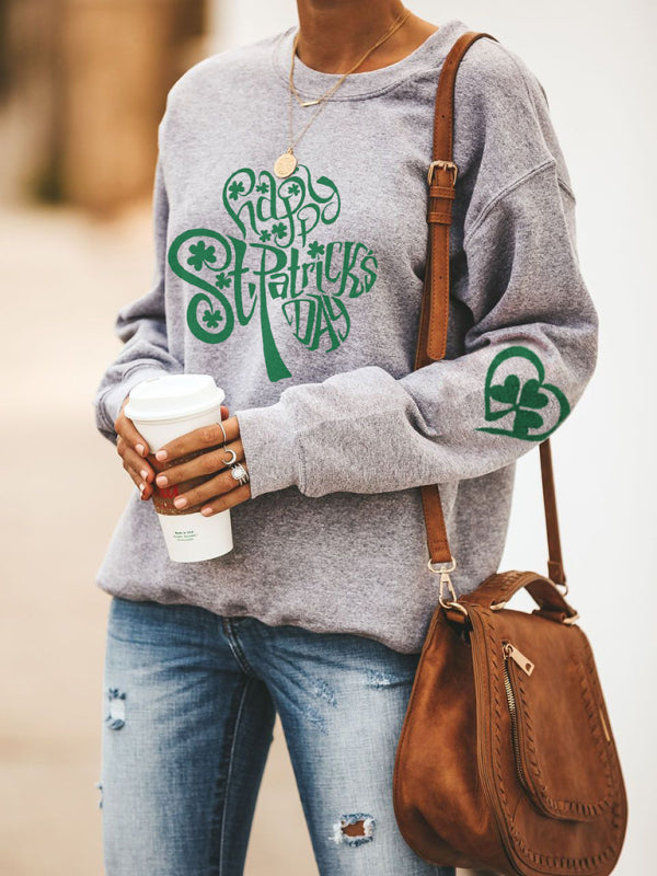 Women's New Lucky Clover Printed Round Neck Sweatshirt