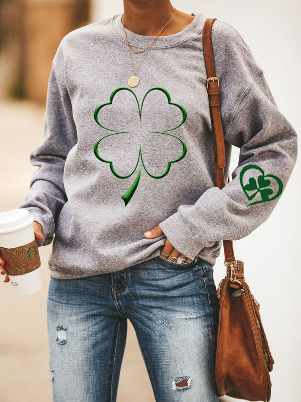 Women's New Lucky Clover Printed Round Neck Sweatshirt