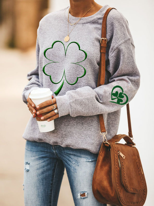 Women's New Lucky Clover Printed Round Neck Sweatshirt