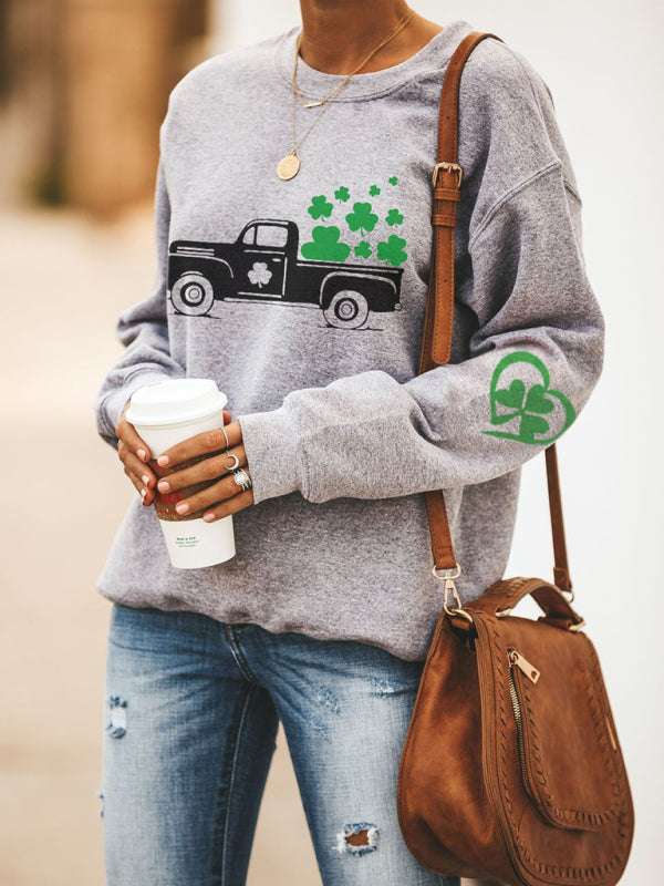 Women's New Lucky Clover Printed Round Neck Sweatshirt