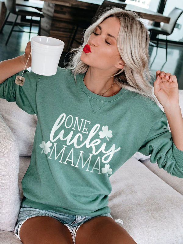 Women's New Lucky Clover Printed Round Neck Sweatshirt