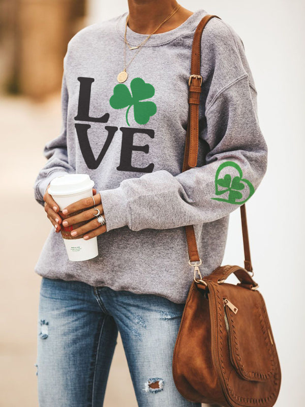 Women's New Lucky Clover Printed Round Neck Sweatshirt