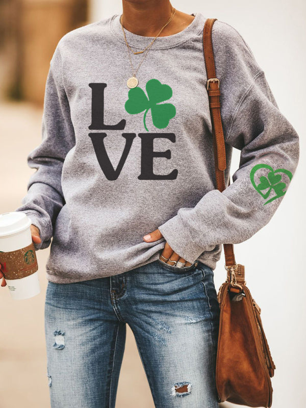 Women's New Lucky Clover Printed Round Neck Sweatshirt