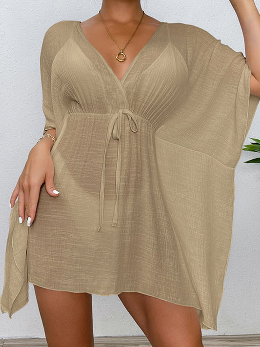 Drop shoulder loose beach cover-up solid color sun protection shirt waist tie bikini cover-up