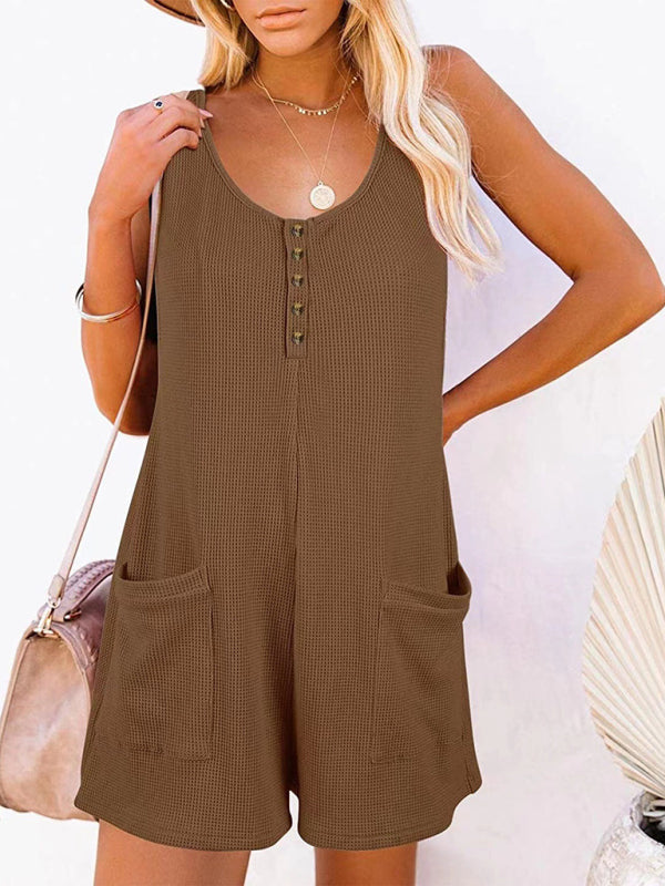 New Women's Solid Color Button Pocket Vest Jumpsuit