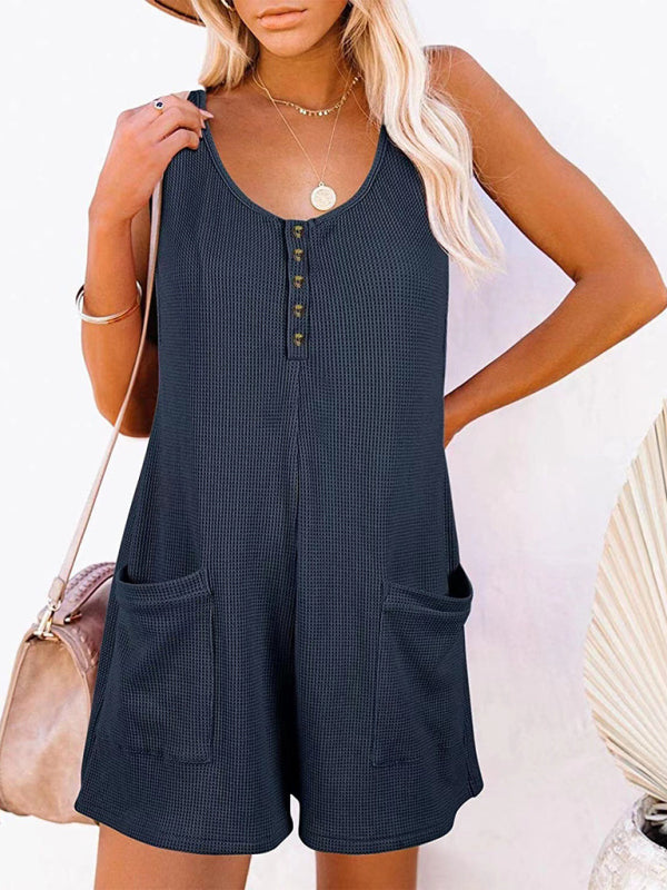 New Women's Solid Color Button Pocket Vest Jumpsuit