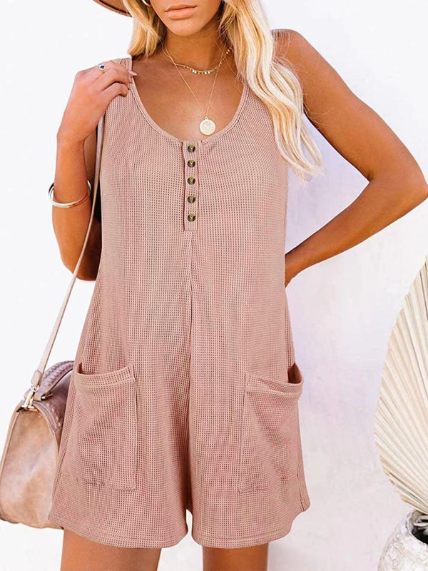 New Women's Solid Color Button Pocket Vest Jumpsuit