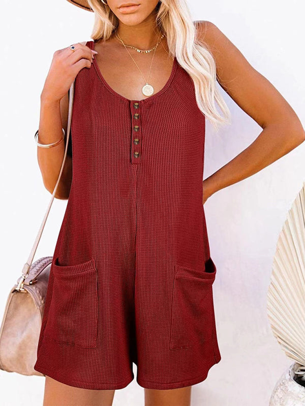 New Women's Solid Color Button Pocket Vest Jumpsuit