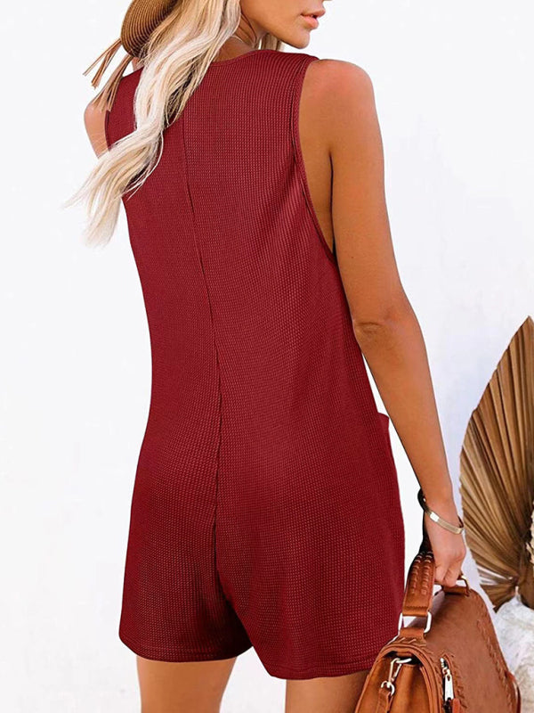 New Women's Solid Color Button Pocket Vest Jumpsuit