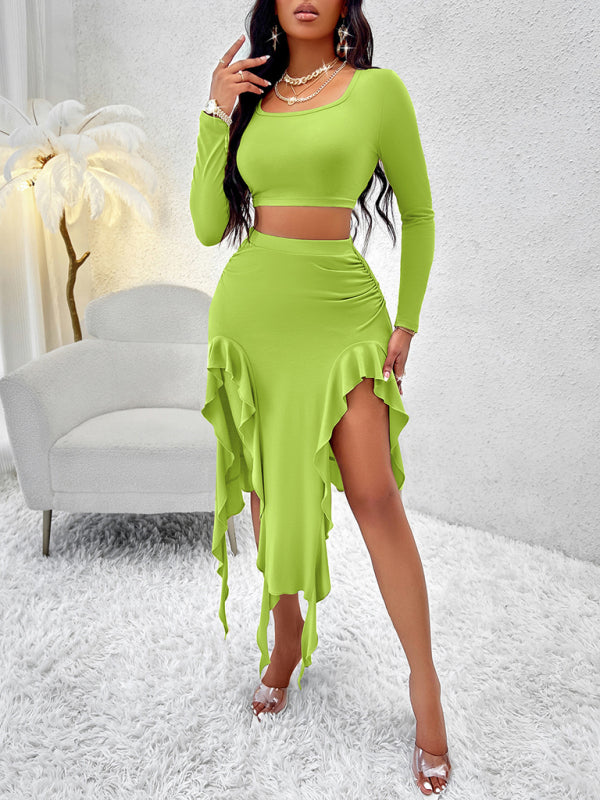 Women's Solid Color Round Neck Ruffled Skirt Suit