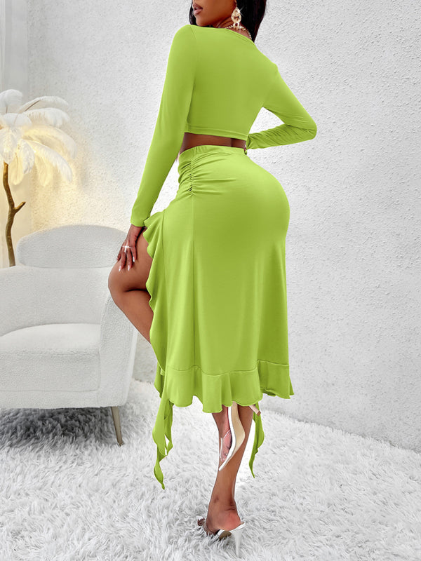 Women's Solid Color Round Neck Ruffled Skirt Suit