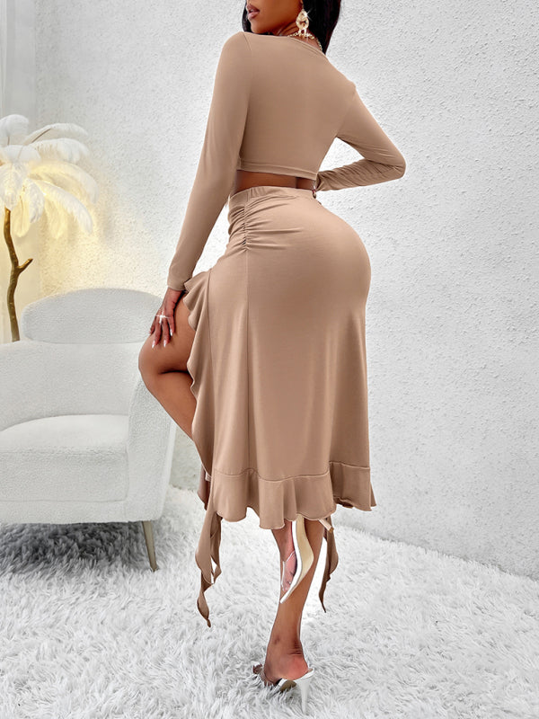 Women's Solid Color Round Neck Ruffled Skirt Suit