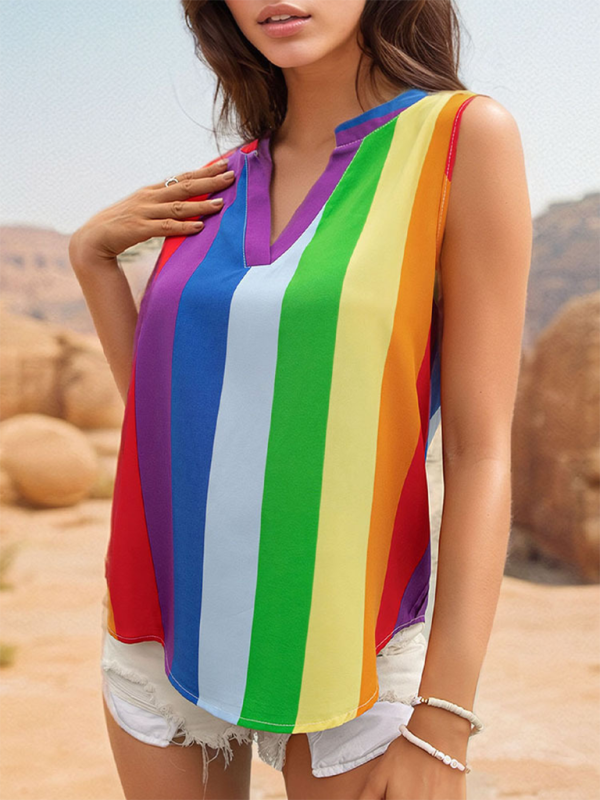 Women's sleeveless colorful striped V-neck shirt