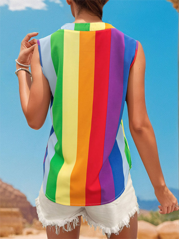 Women's sleeveless colorful striped V-neck shirt