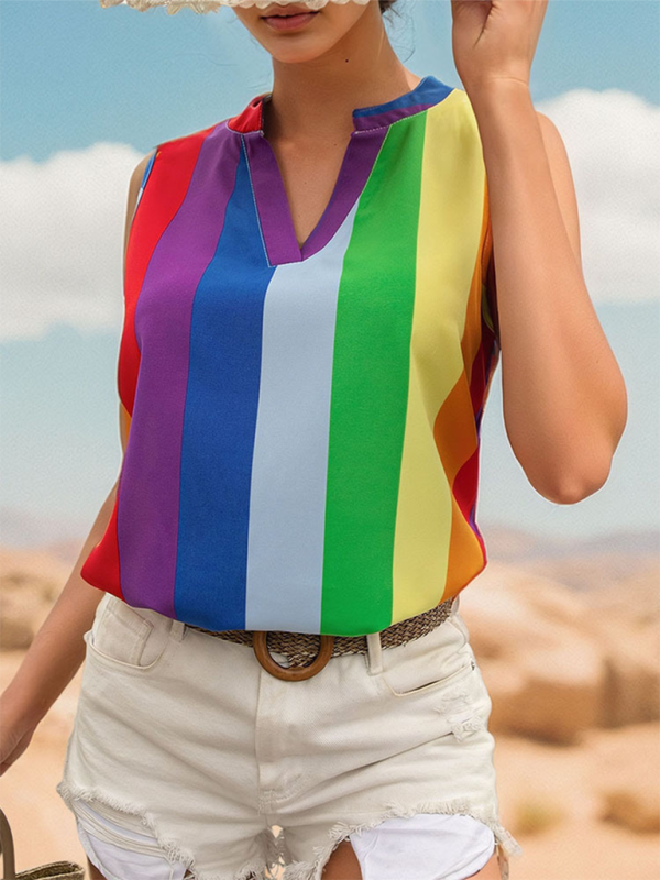 Women's sleeveless colorful striped V-neck shirt