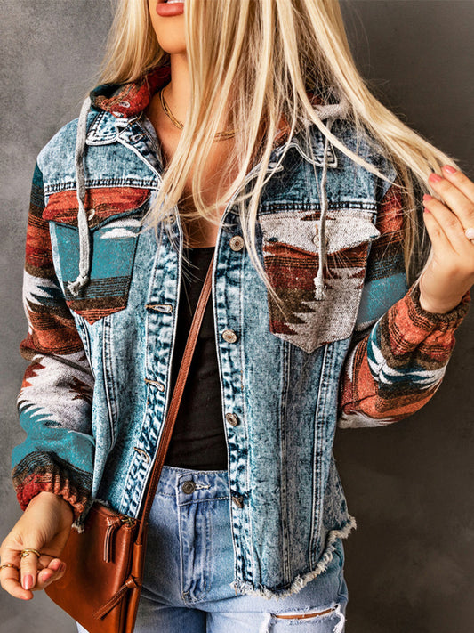 Women's western style denim hooded jacket