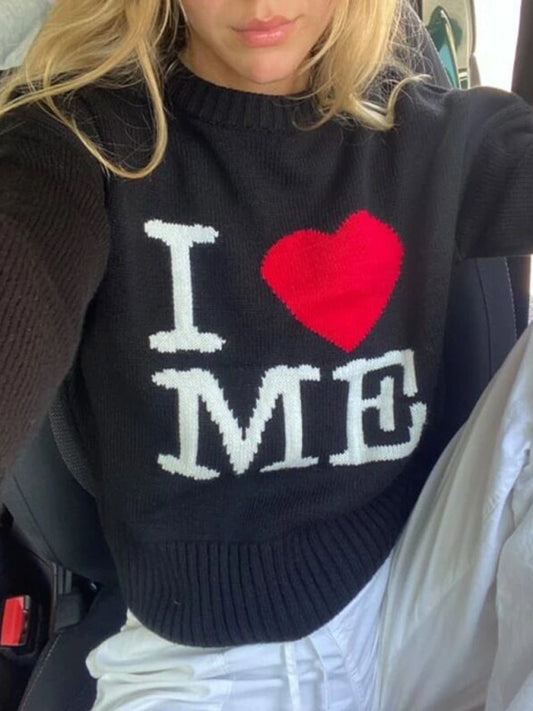 Women's love letter embroidered round neck pullover knitted sweater