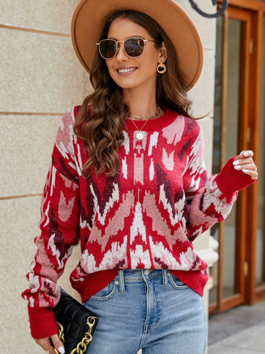 Women's new contrast color jacquard loose long-sleeved sweater