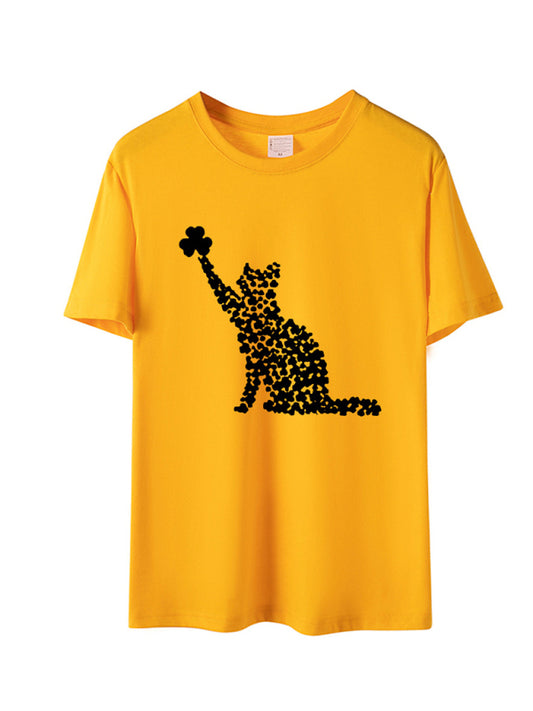 New cat clover print short-sleeved T-shirt